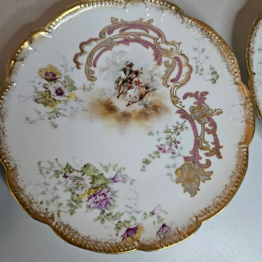 Antique Limoges France AK CD Courting Scene Gold Gilt Scalloped Rim Plates 8.5